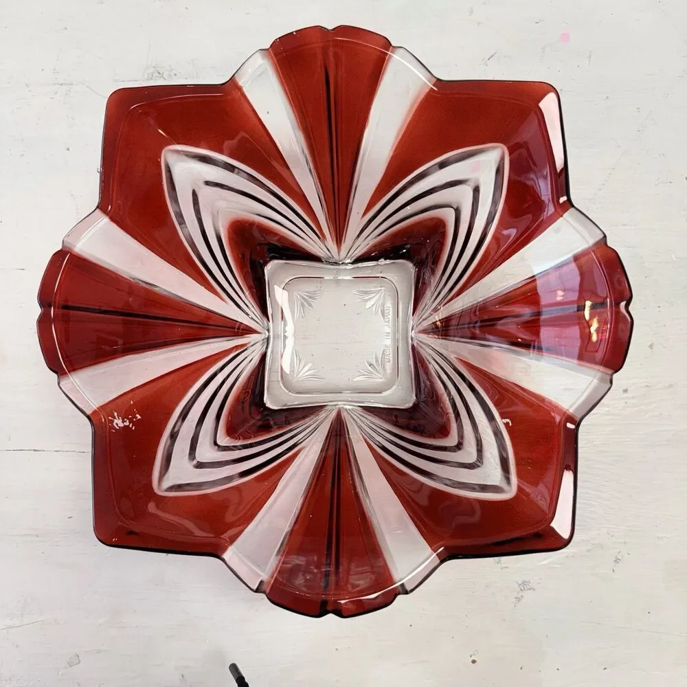 Fifth Avenue Ruby Red Crystal Large Serving Bowl SOGA Japan Cut to Clear Square